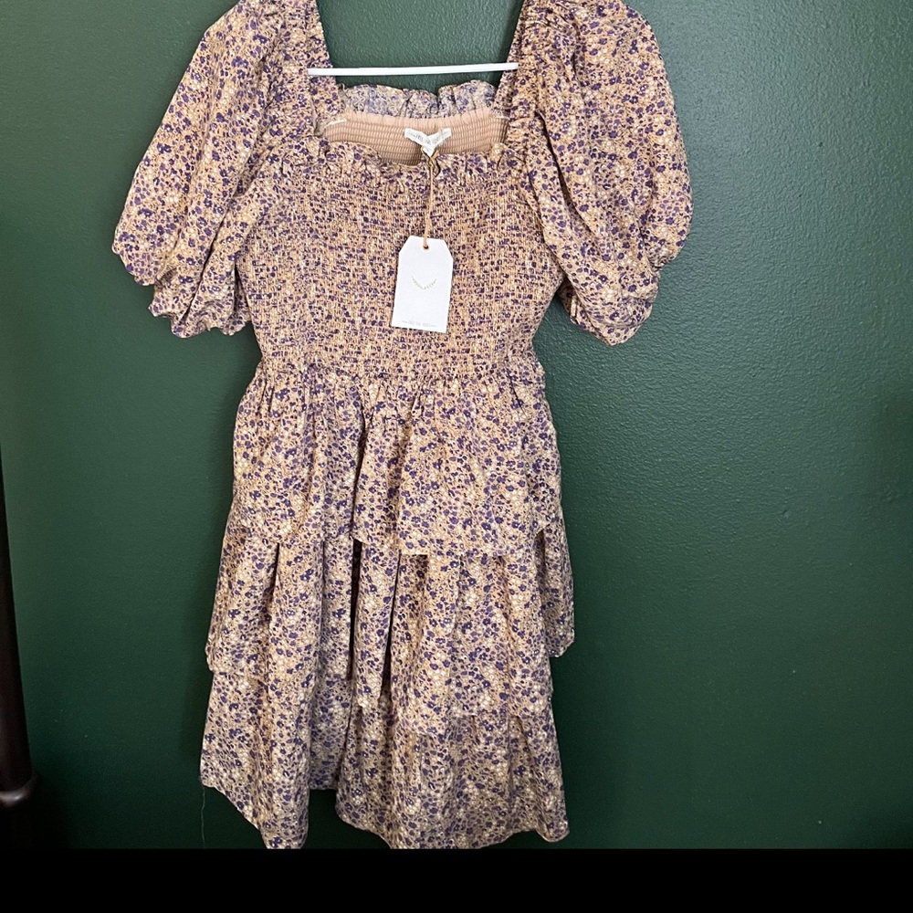 Anthropologie Floral Puff Sleeve Dress - Purple and Cream